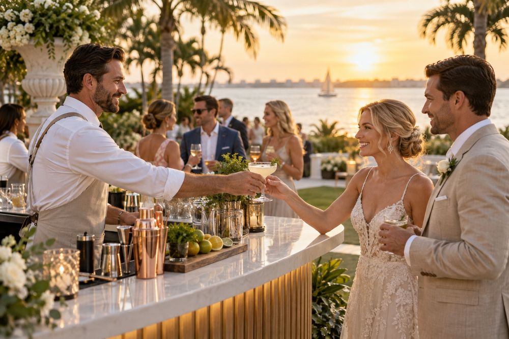 A bartender serves drinks to a couple at an outdoor wedding, with palm trees and a sunset in the background.