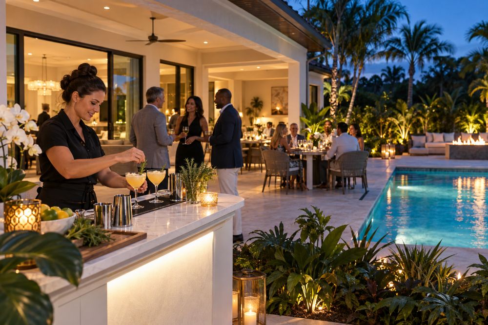 A bartender prepares cocktails at an elegant outdoor wedding reception by the pool, surrounded by guests and tropical greenery.