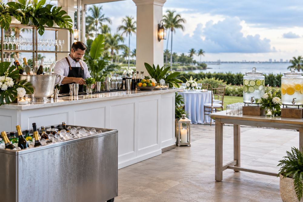 A mobile bartender prepares drinks at an elegant outdoor bar with tropical decor, overlooking a scenic waterfront setting.