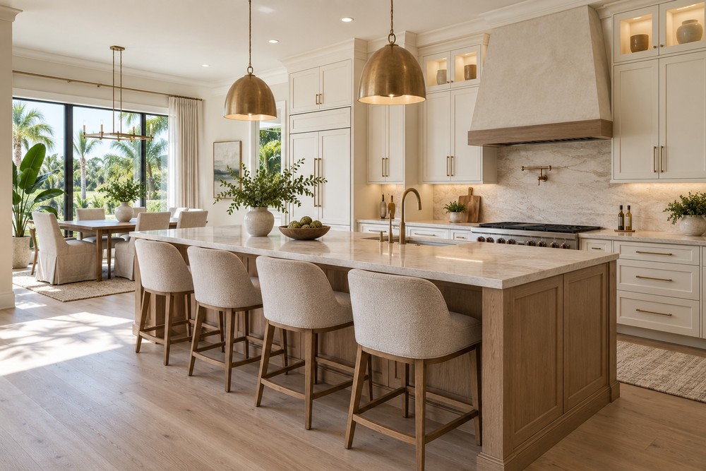 Luxurious kitchen design featuring a large island, modern appliances, and bright natural light with views of greenery.