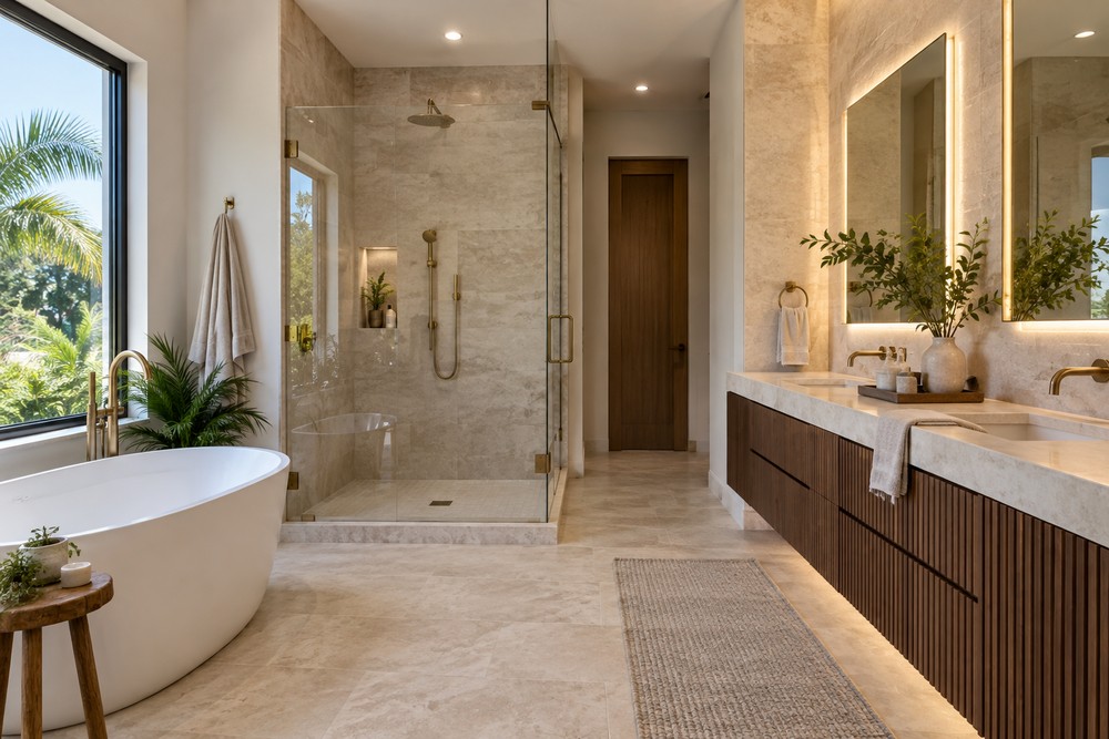 Modern Sarasota bathroom featuring a freestanding tub, glass-enclosed shower, dual sinks, and elegant natural light.