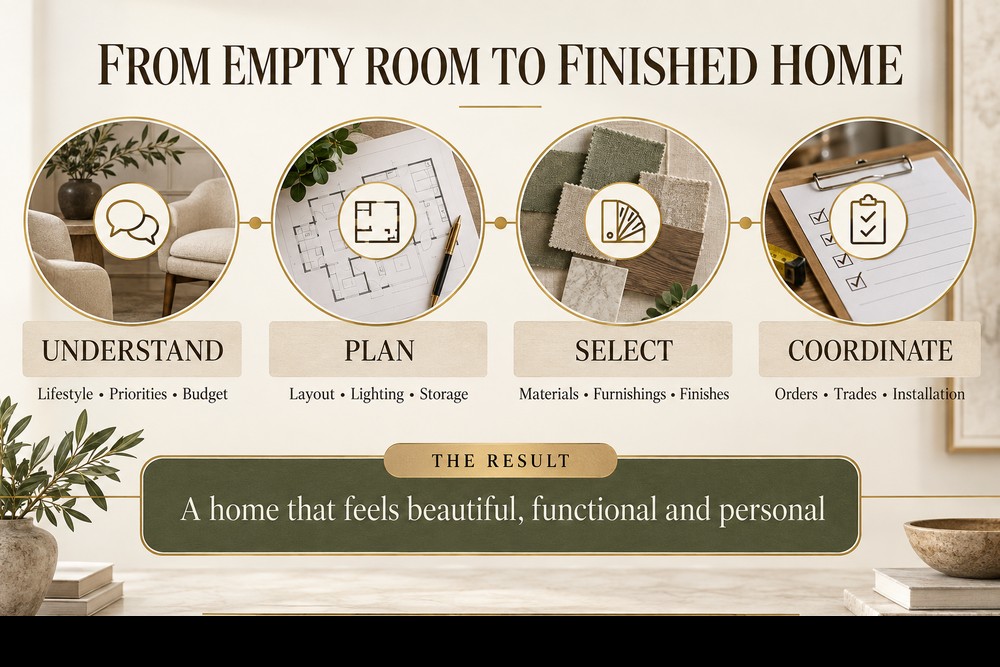 Infographic illustrating the design process of RDM Interiors, highlighting steps from understanding to coordinating a finished home.