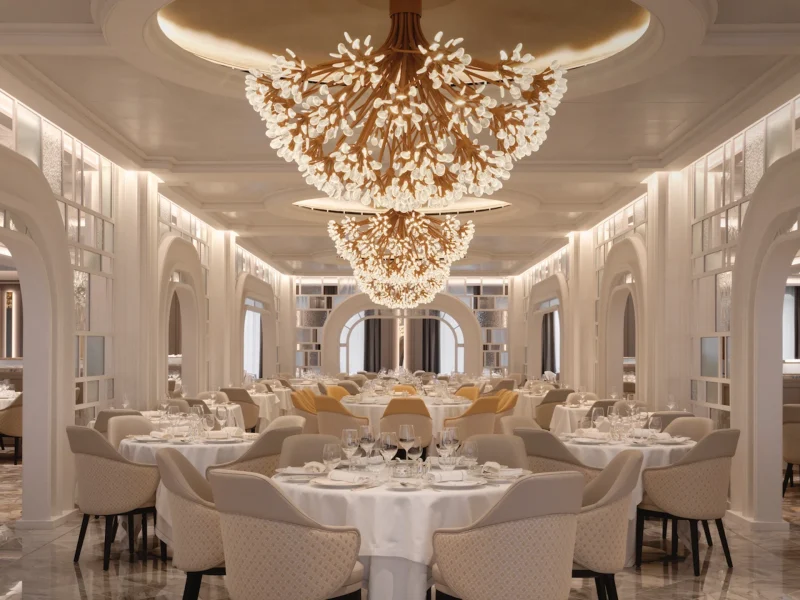 Elegant dining room featuring ornate chandeliers, beautifully set tables, and stylish seating arrangements.