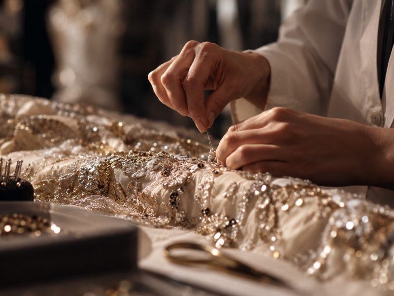 Hands meticulously stitching intricate embellishments onto luxurious fabric.