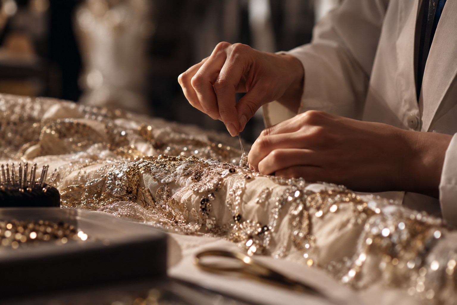 Hands meticulously stitching intricate embellishments onto luxurious fabric.