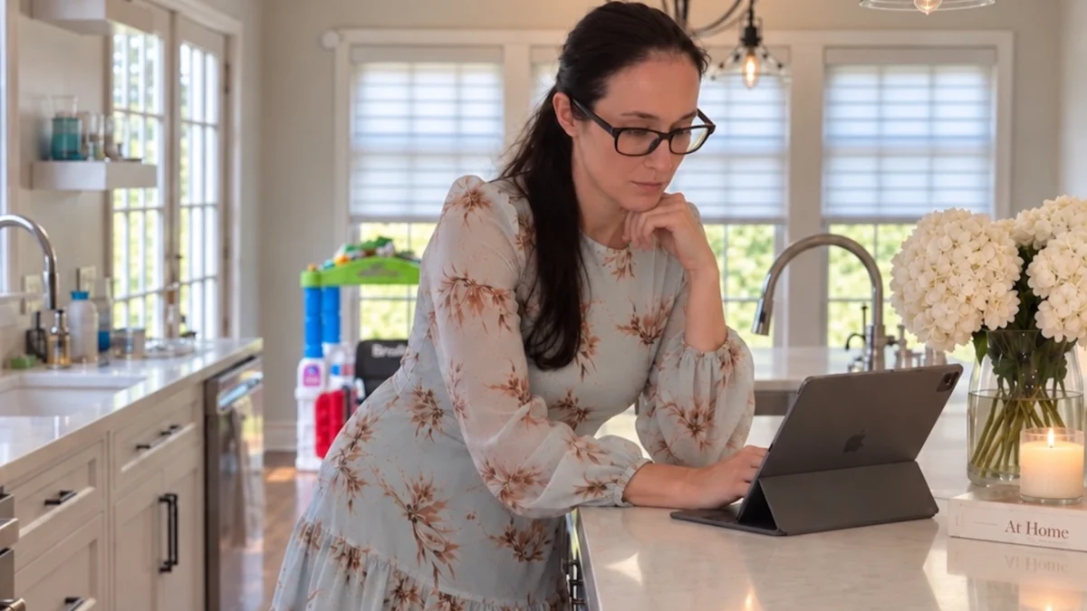 Kristin examines her tablet while standing at a bright kitchen counter adorned with flowers and kitchen items.