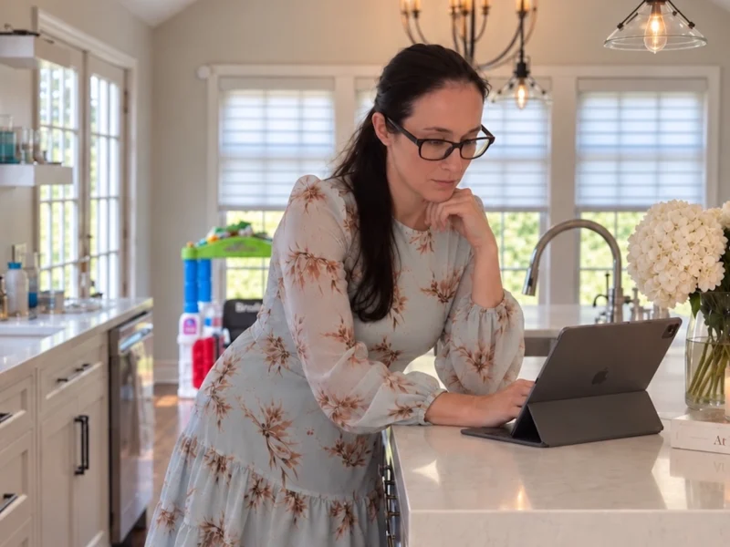 Kristin examines her tablet while standing at a bright kitchen counter adorned with flowers and kitchen items.