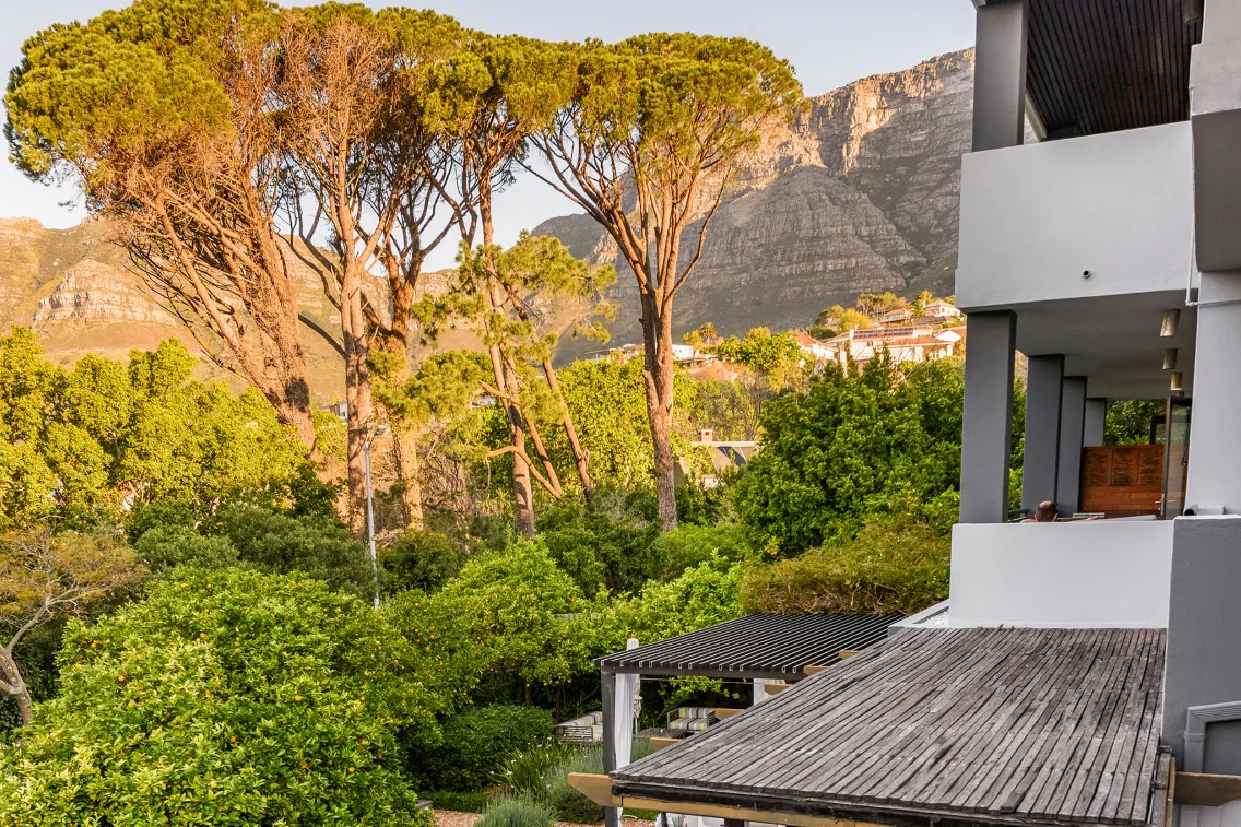 Lush greenery and tall trees frame a serene view of the mountains behind Kensington Place, blending nature with modern architecture.