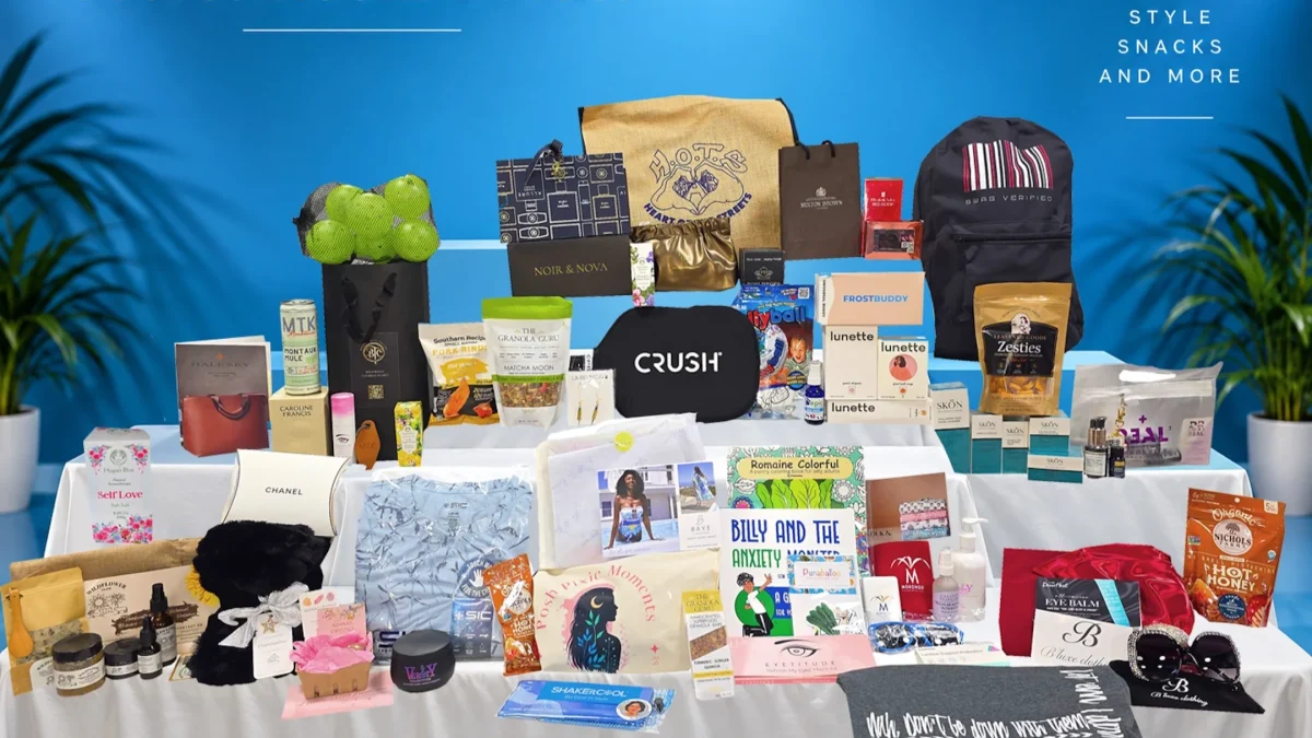 Gifting lounge display for the 2026 Celebrity Prime Time TV Nominees Secret Room Events featuring various wellness and beauty products.