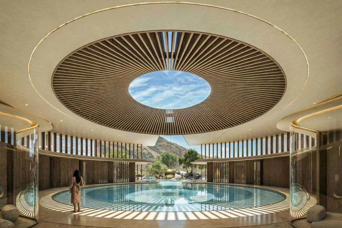 A serene indoor pool area featuring a round skylight and wooden slats, surrounded by modern architecture and views of the outdoors.