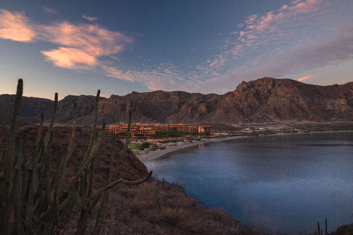 Resort overlooking a calm bay with mountains in the background, surrounded by desert vegetation at sunset.