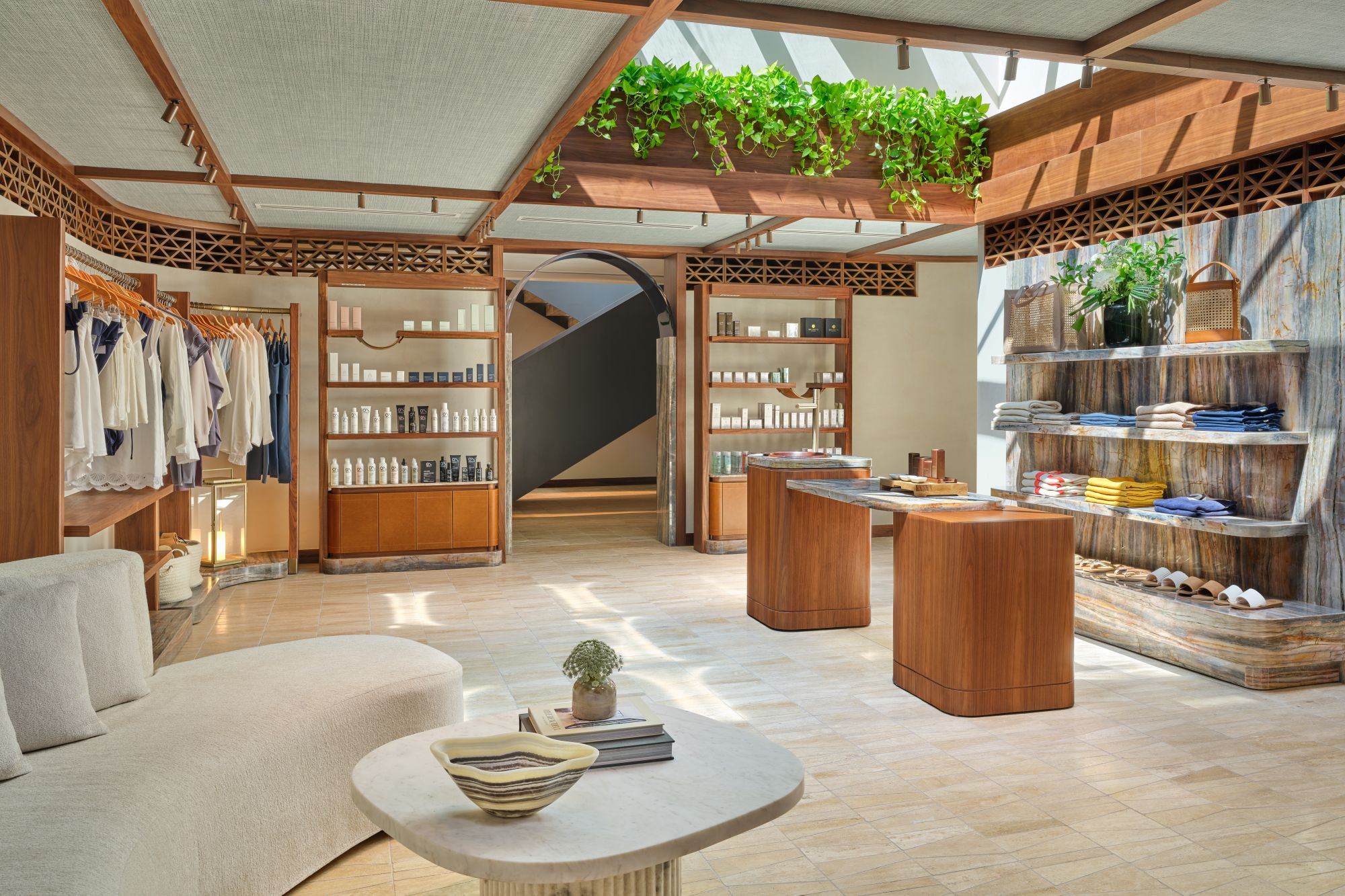 The luxurious spa interior at The St. Regis Cap Cana Resort features elegant furnishings and a curated selection of wellness products.