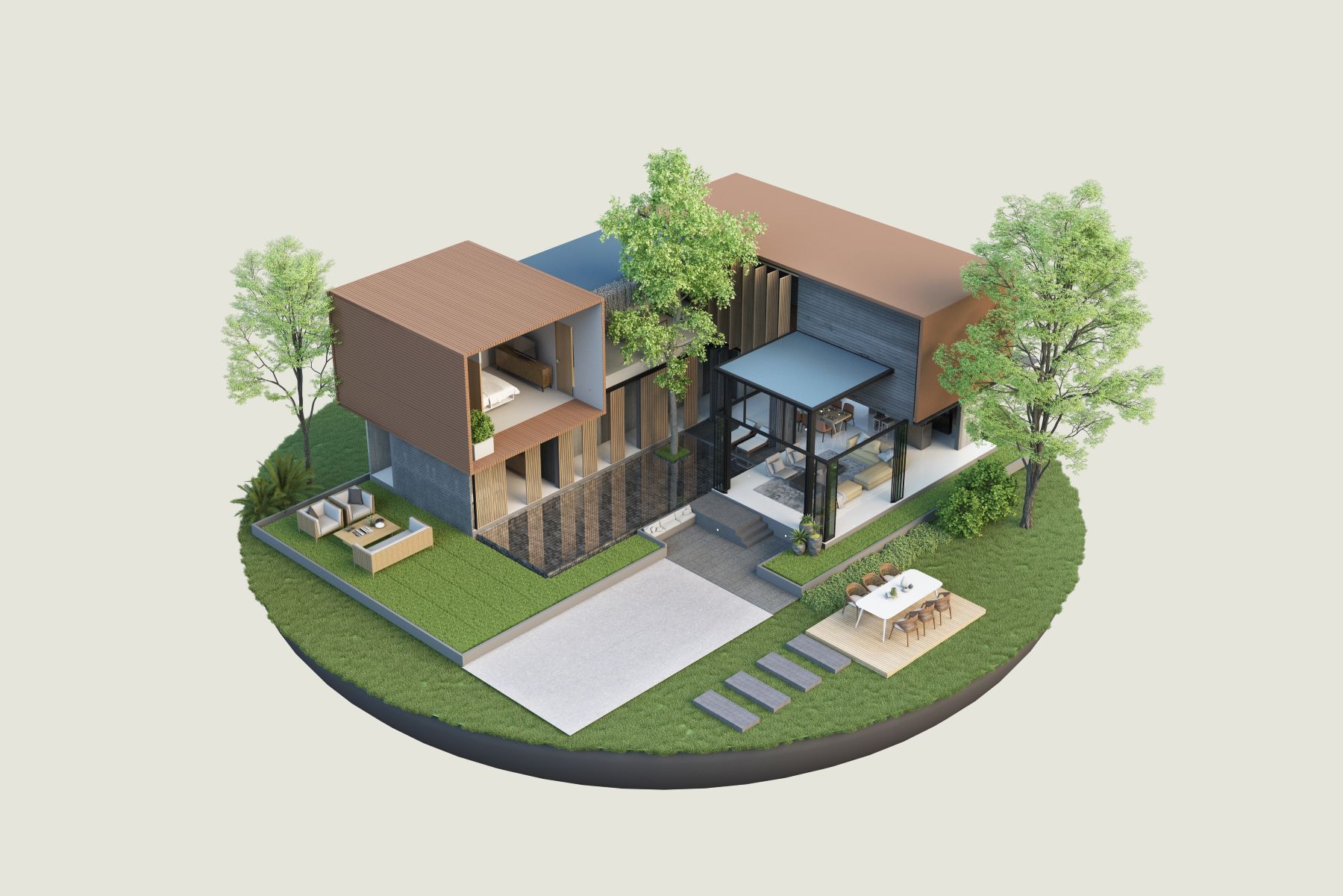 Modern house design showcasing a blend of indoor and outdoor spaces with greenery, furniture, and a stylish layout.