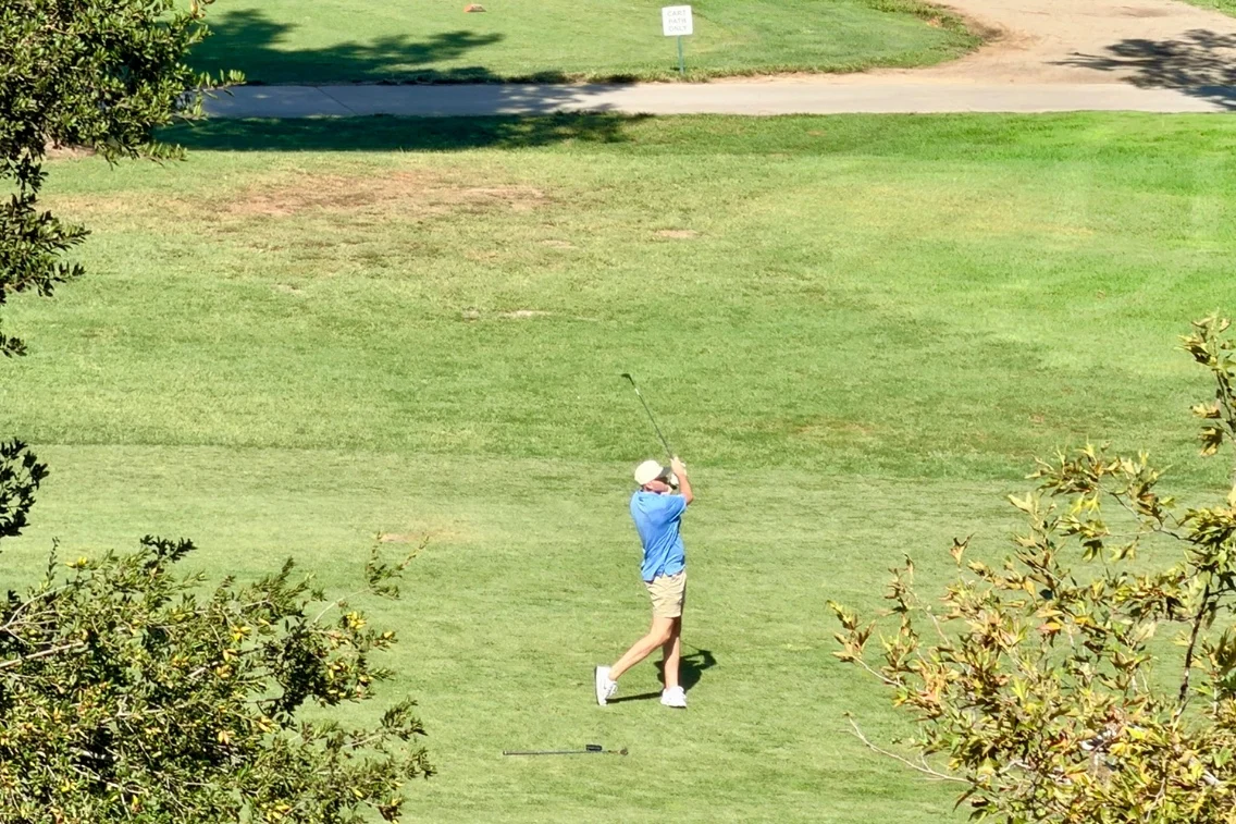 A person golfing on a lush green course, framed by trees and with a path visible in the background.