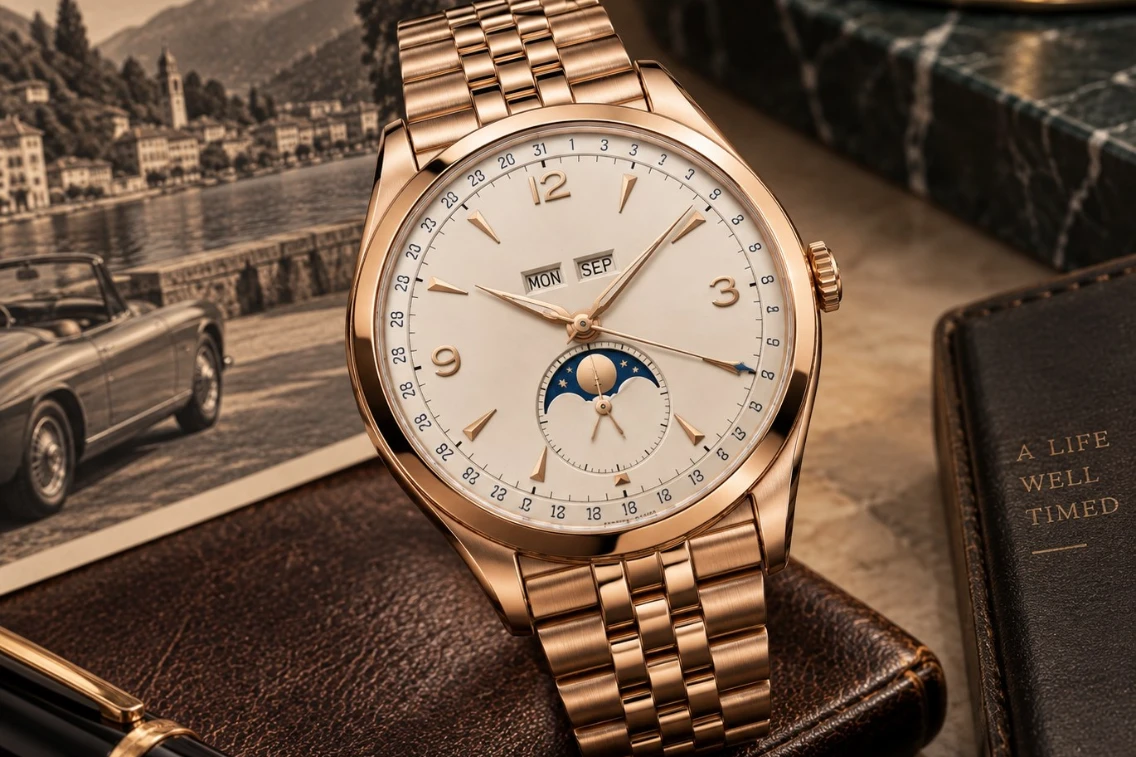 Rolex Padellone watch with a rose gold case, date and moonphase display, resting on a leather surface with a vintage car background.