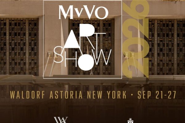 MvVO Art Show 2026 promotional graphic featuring the Waldorf Astoria New York and event details from September 21-27.