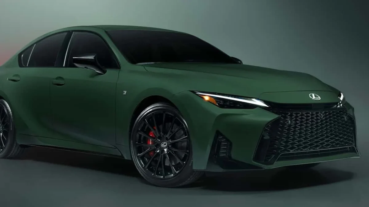2027 Lexus IS in a striking matte green finish with black wheels and aggressive styling, highlighting the Special Appearance Package.