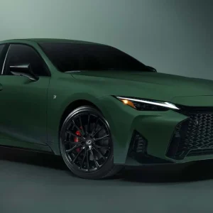2027 Lexus IS in a striking matte green finish with black wheels and aggressive styling, highlighting the Special Appearance Package.