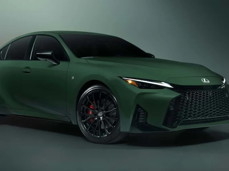 2027 Lexus IS in a striking matte green finish with black wheels and aggressive styling, highlighting the Special Appearance Package.