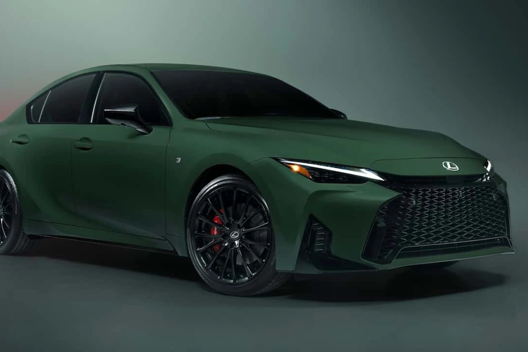 2027 Lexus IS in a striking matte green finish with black wheels and aggressive styling, highlighting the Special Appearance Package.
