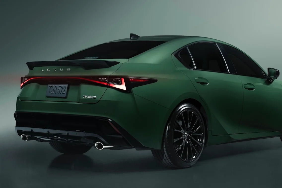 2027 Lexus IS 350 featuring a vibrant green exterior, sleek design, and sporty styling details in a modern setting.