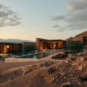 A modern retreat with large windows and a pool, surrounded by desert landscape and mountains at sunset in Southern Utah.