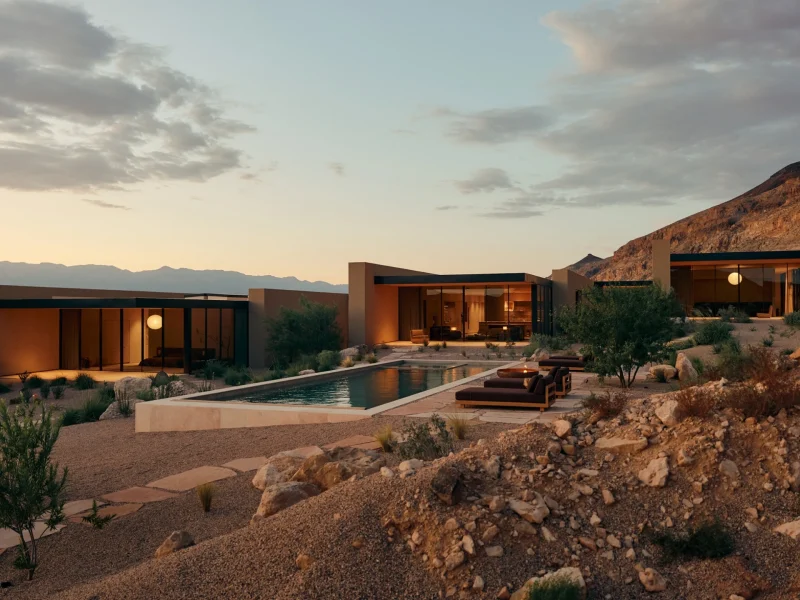 A modern retreat with large windows and a pool, surrounded by desert landscape and mountains at sunset in Southern Utah.