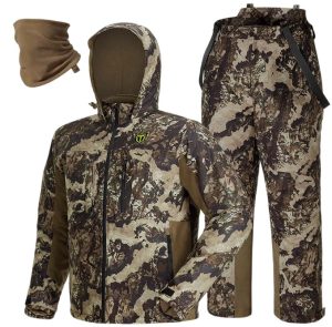 Hunting apparel set featuring a camouflaged jacket, pants, and a versatile neck gaiter for style and performance.