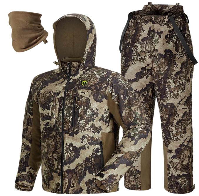 Hunting apparel set featuring a camouflaged jacket, pants, and a versatile neck gaiter for style and performance.