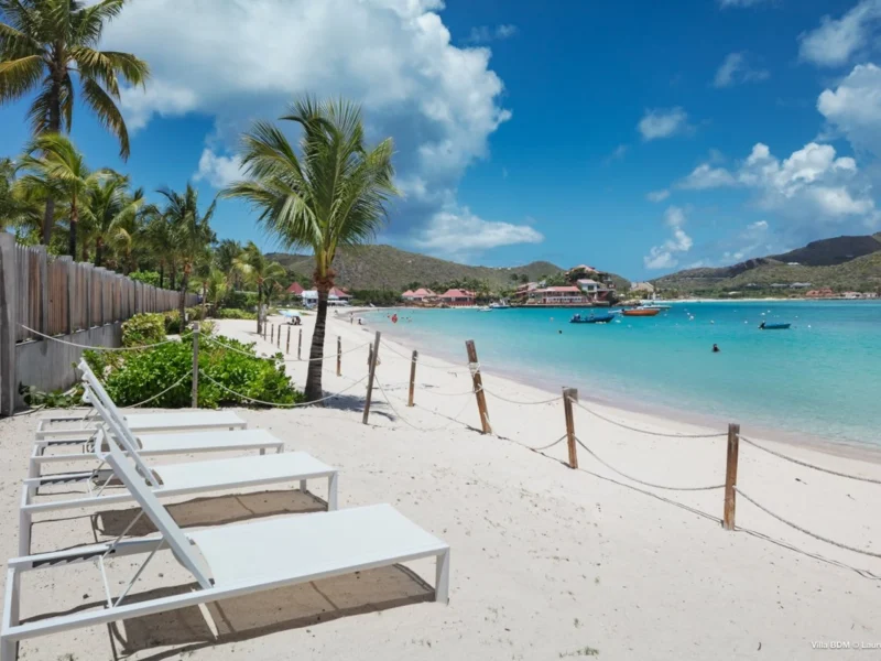 Lounge chairs line a sandy beach with clear turquoise water and palm trees in the background, capturing the essence of luxury in St. Barts.