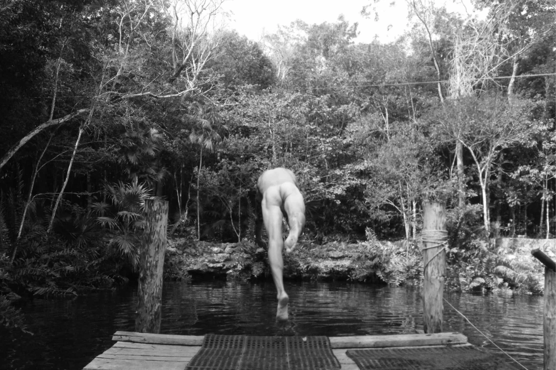 A person diving off a wooden dock into a serene body of water surrounded by lush greenery.