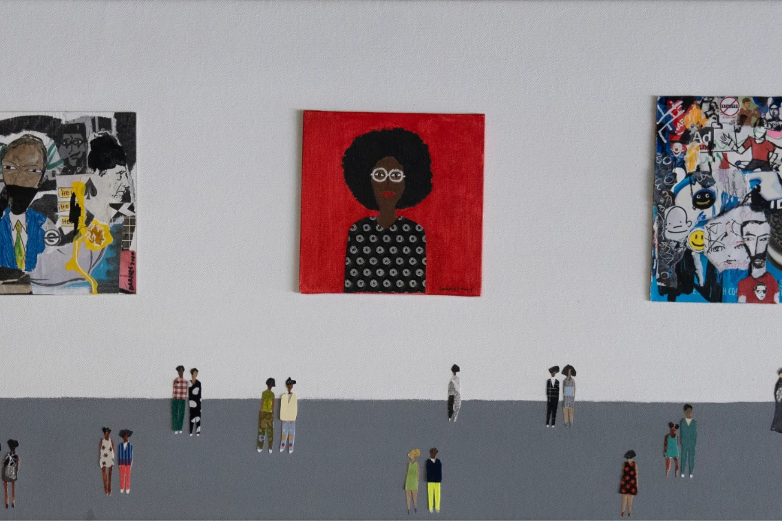 Colorful artwork is displayed on a gallery wall, with various figures standing in front, engaging with the pieces.