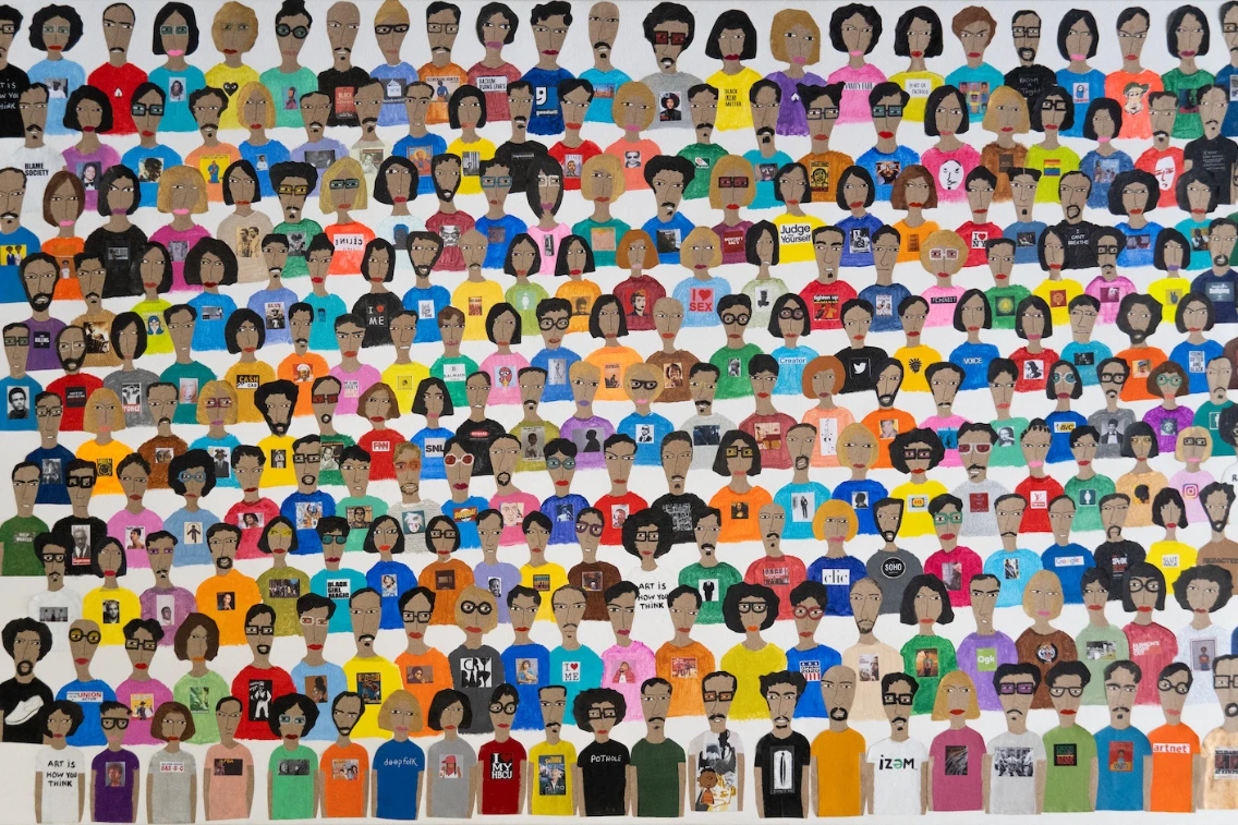 A colorful collage of diverse people illustrated with various hairstyles and glasses, wearing T-shirts featuring different graphics.