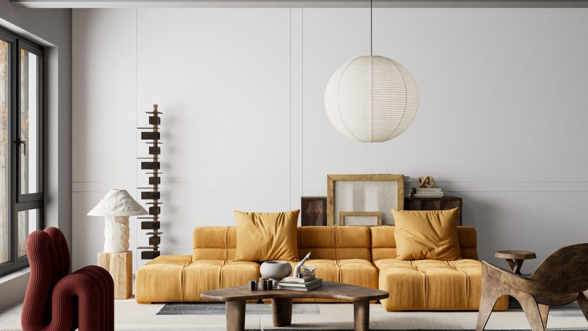 A modern living room with a modular yellow sofa, unique furniture pieces, and bright natural light from large windows.