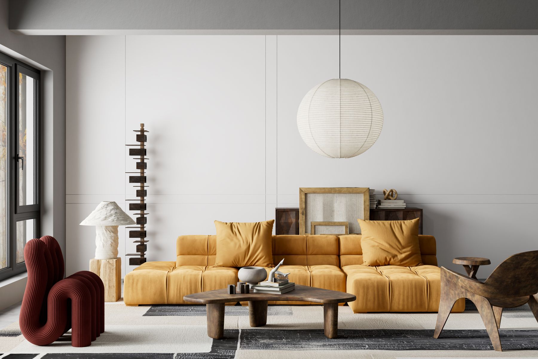 A modern living room with a modular yellow sofa, unique furniture pieces, and bright natural light from large windows.