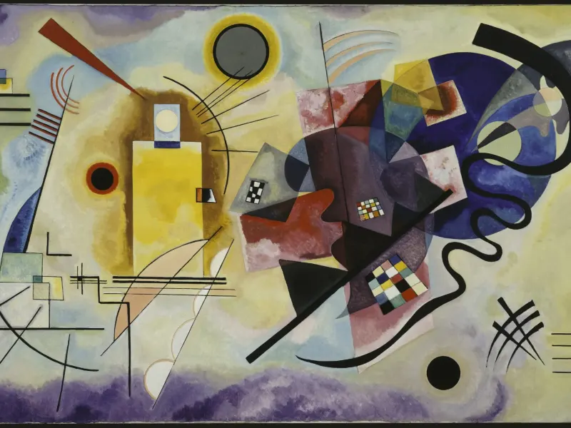 Abstract composition featuring vibrant colors and geometric shapes by Kandinsky, reflecting dynamic movement and emotion.