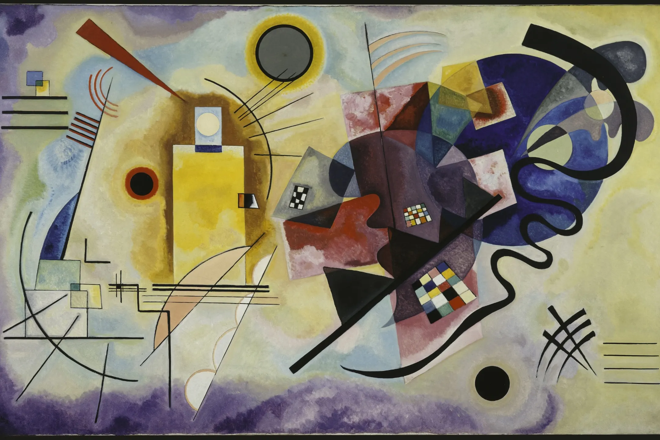 Abstract composition featuring vibrant colors and geometric shapes by Kandinsky, reflecting dynamic movement and emotion.