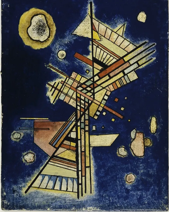 Geometric abstract composition by Kandinsky featuring dynamic lines and vibrant colors against a deep blue background.