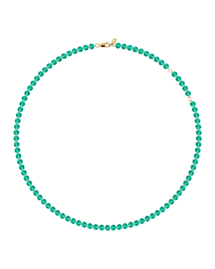 Emerald green necklace featuring sparkling crystals and a gold clasp, perfect for fall accessorizing.