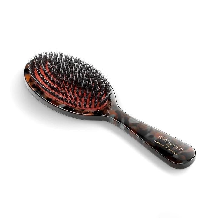 A sleek tortoiseshell hairbrush with black and red bristles, ideal for smoothing and detangling hair.