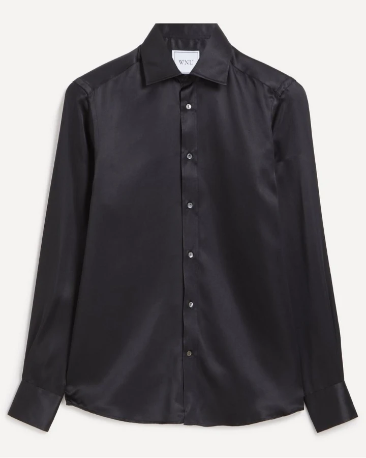Sleek black long-sleeve shirt with a button-down front and a modern collar, perfect for stylish fall outfits.