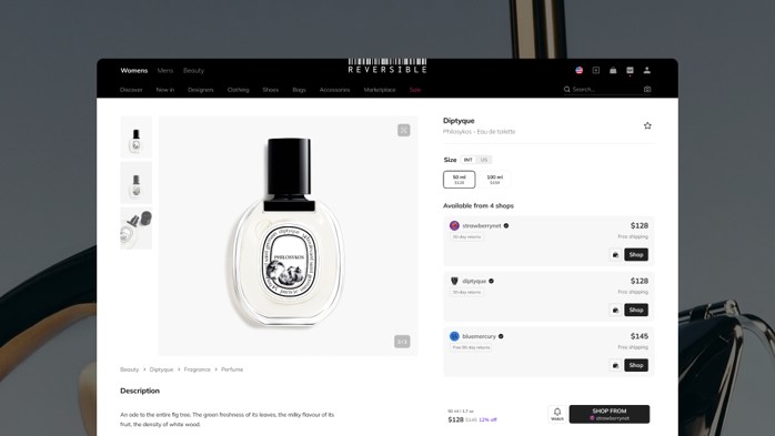 Luxury perfume bottle displayed on an online shopping page, showcasing availability and pricing from various retailers.
