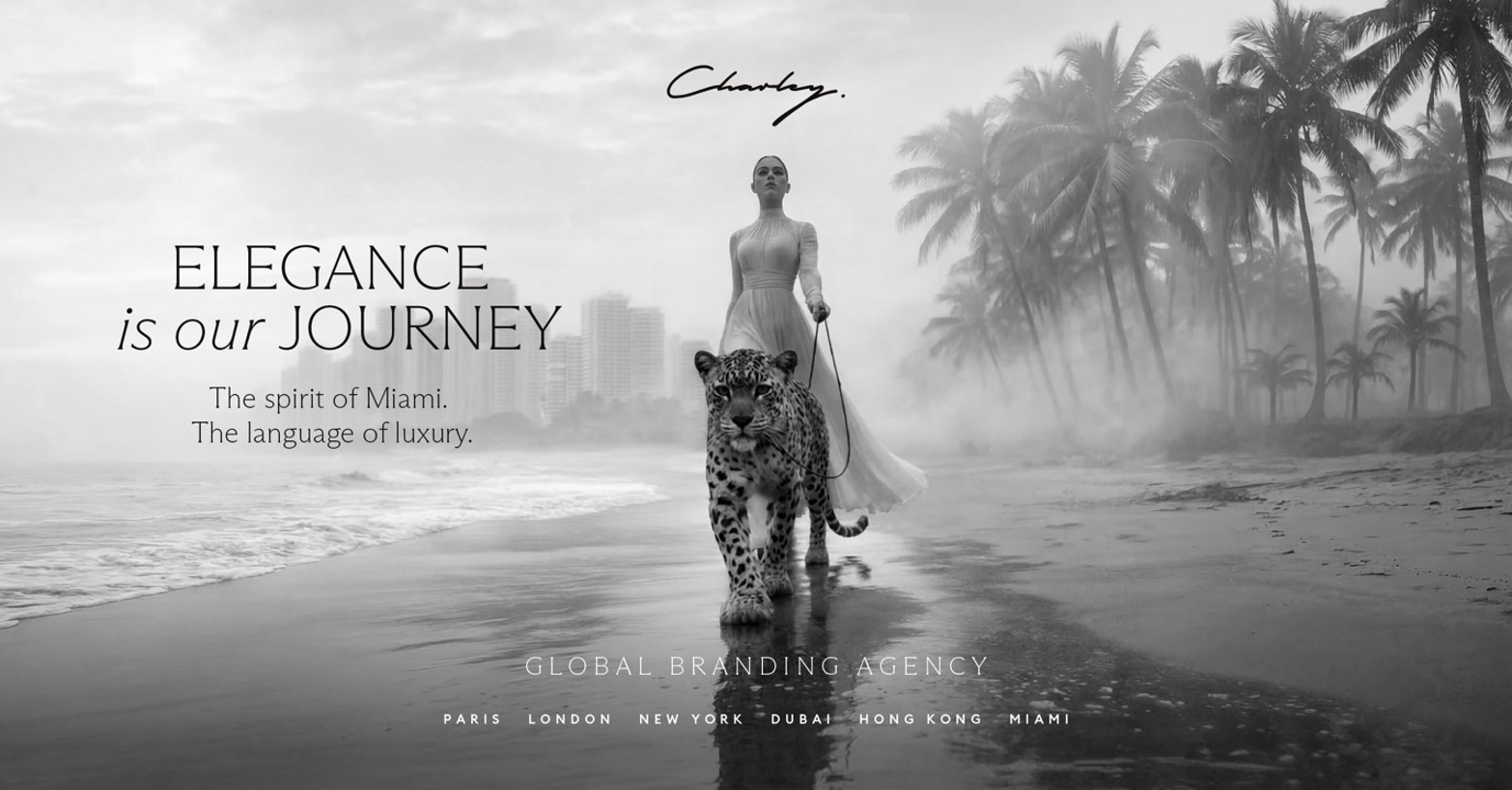 A model in a flowing dress walks with a leopard along a beach, surrounded by palm trees and a misty Miami skyline.
