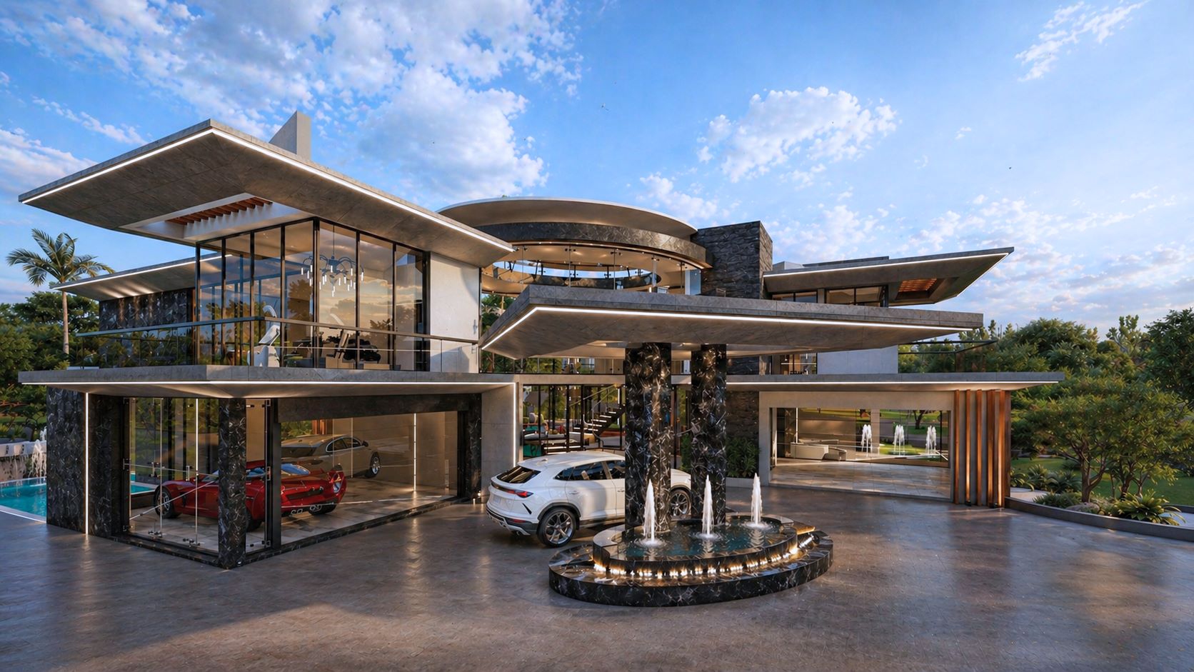 Modern architectural design featuring dynamic shapes, large glass windows, and an elegant fountain in a landscaped environment.