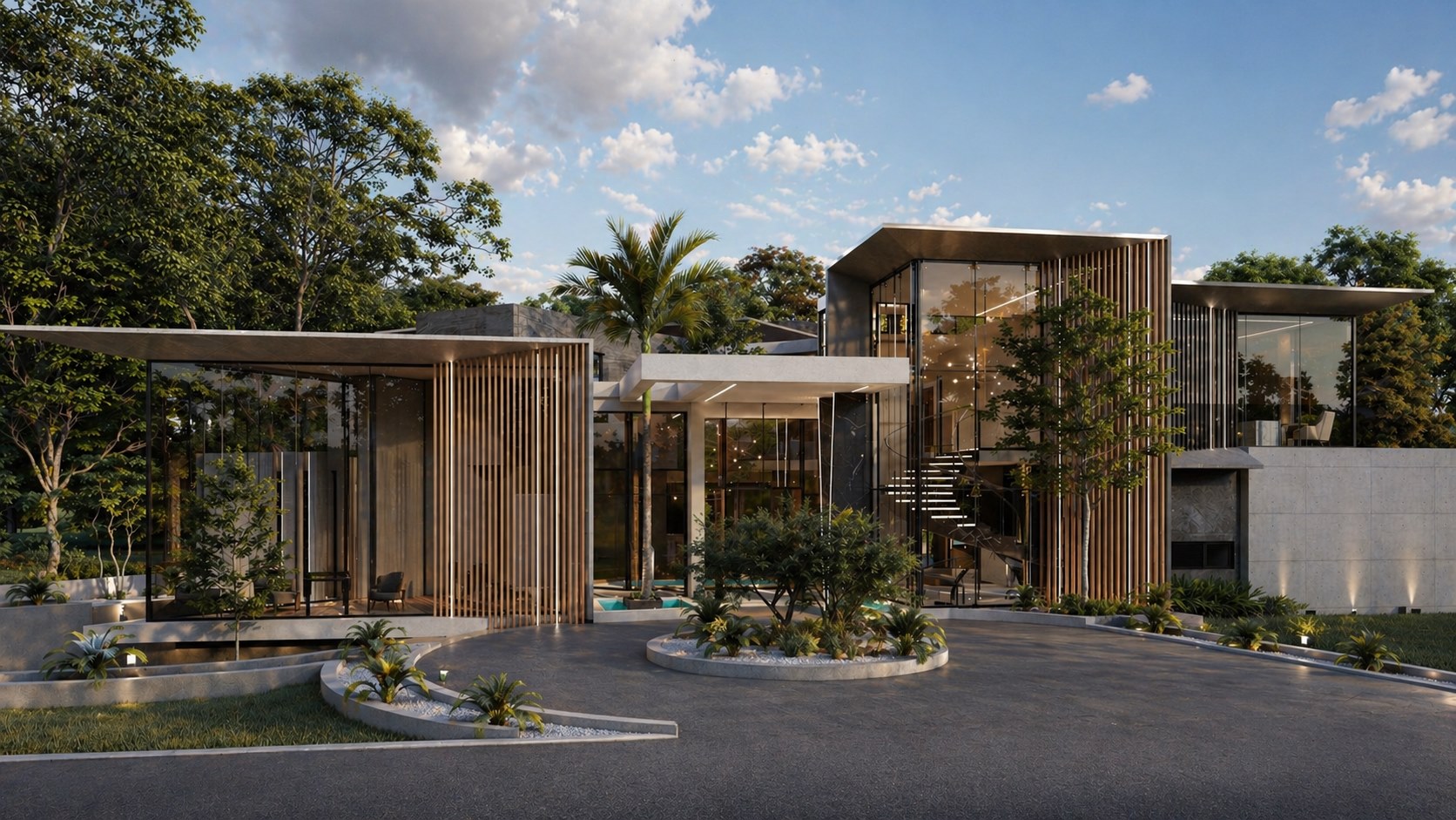 Modern architectural design featuring glass, wood accents, and landscaping, showcasing interplay of movement and light.