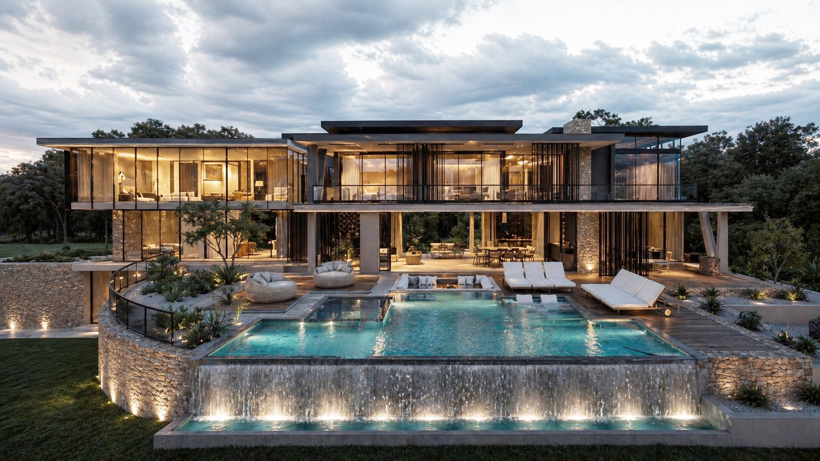 Modern architecture featuring large glass windows, a swimming pool, and integrated outdoor living spaces surrounded by nature.
