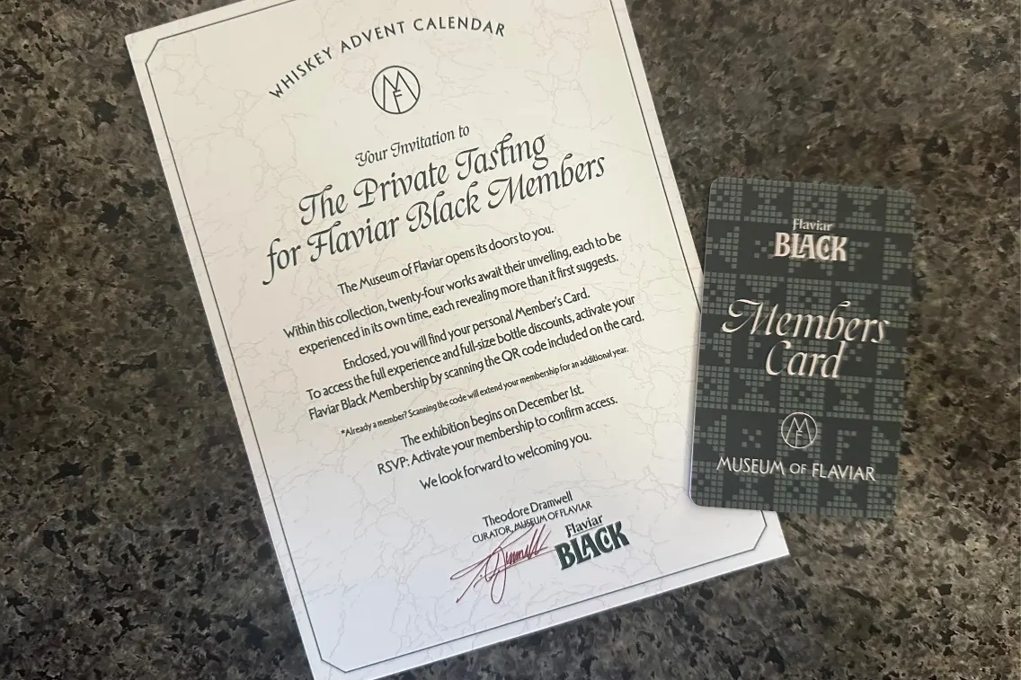 Invitation and membership card for Flaviar Black members for a private whiskey tasting event.