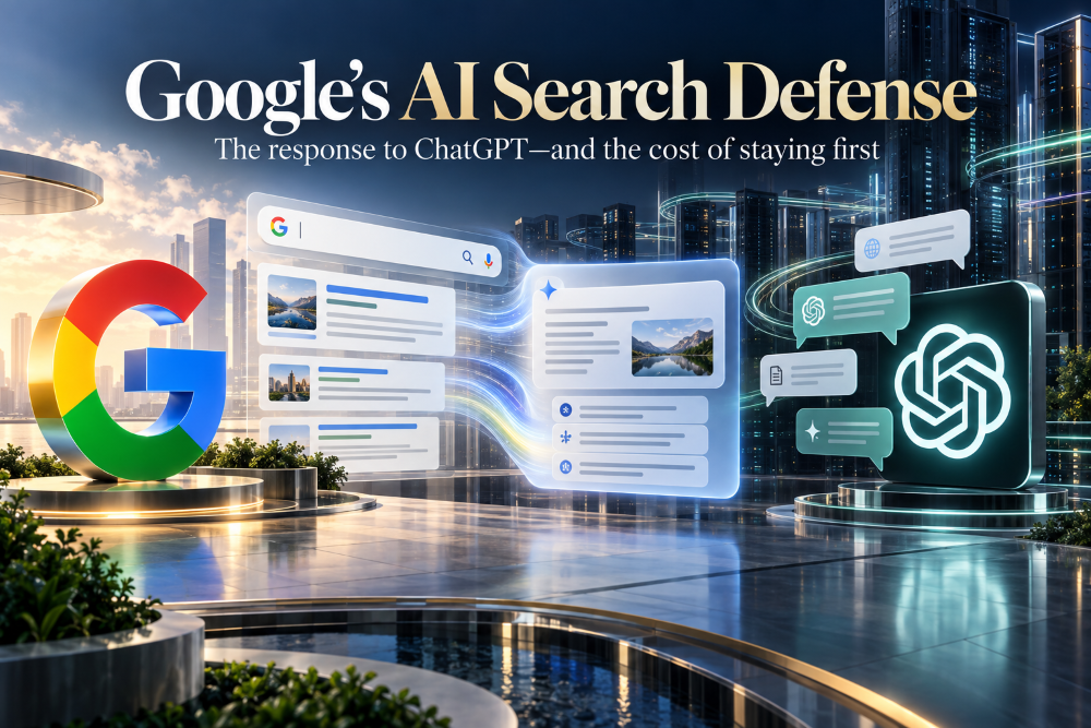 Google logo surrounded by digital elements representing search, AI, and ChatGPT, highlighting Google's defense in the AI era.