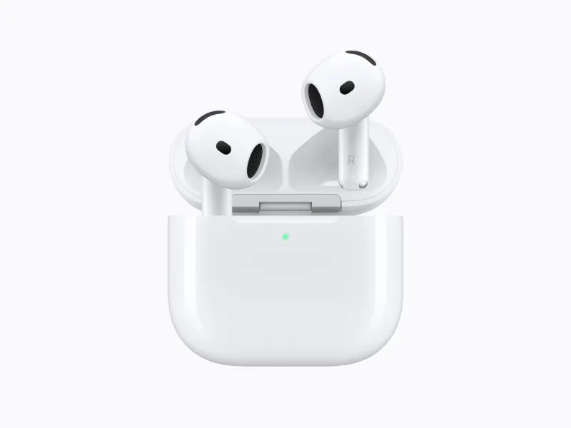 Apple AirPods 5 in their charging case, showcasing advanced noise cancellation and open-ear comfort features.