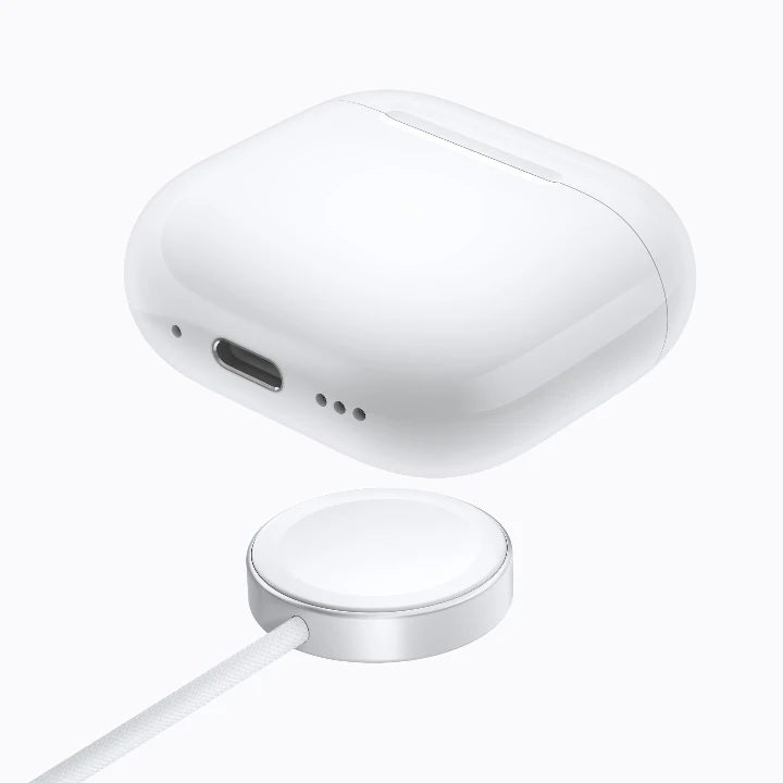 Wireless charging case for Apple AirPods 5, featuring a sleek design and a charging magnet on a white background.